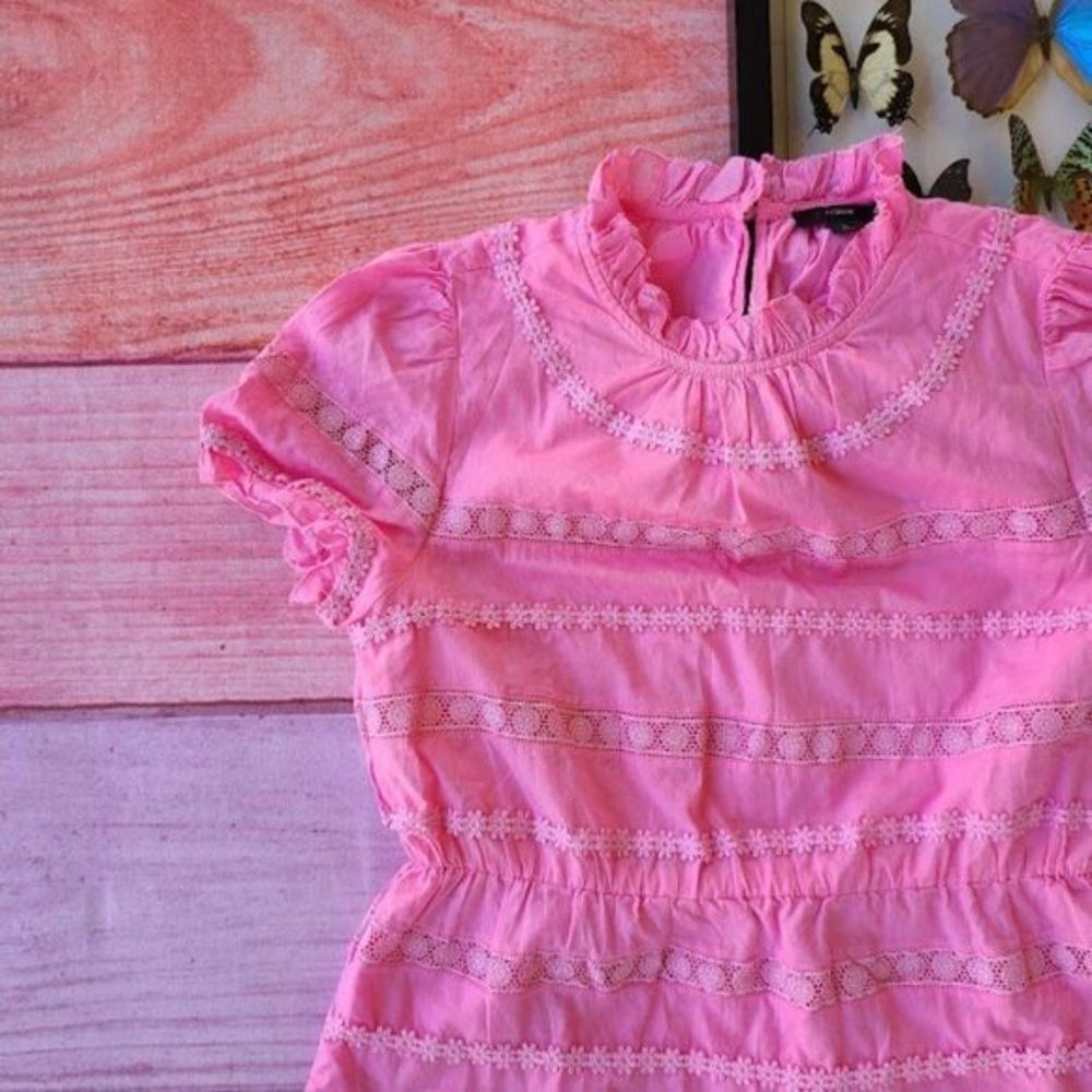 J. Crew Bright Pink Daisy Chain Lace‎ Trim Puff Sleeve Peplum Top Small Modest - Picture 2 of 5